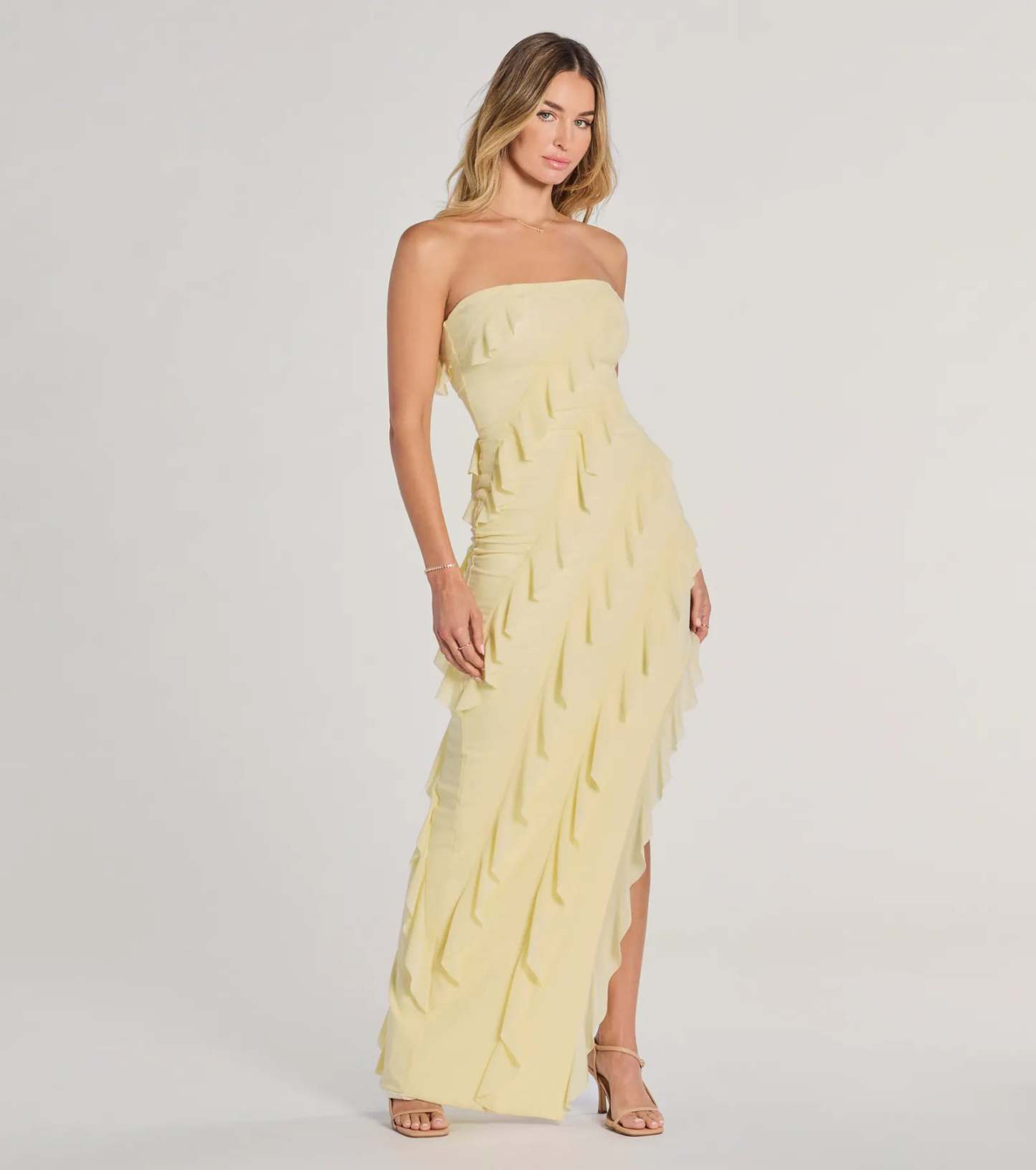 The Gabby Formal Mesh Strapless Ruffle Long Dress in luxe yellow fabric, a stunning prom dress with statement details designed to make a bold impression at Prom 2026.
