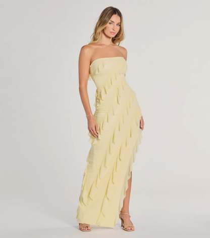 The Gabby Formal Mesh Strapless Ruffle Long Dress in luxe yellow fabric, a stunning prom dress with statement details designed to make a bold impression at Prom 2026.