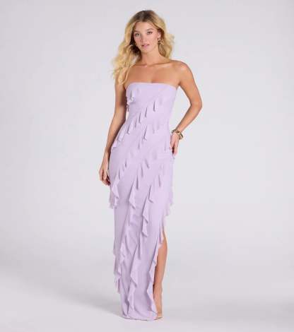 Add royal flair with the Gabby Formal Mesh Strapless Ruffle Long Dress in lavender, a viral-worthy pick from the purple homecoming dress collection made to light up your HOCO feed.