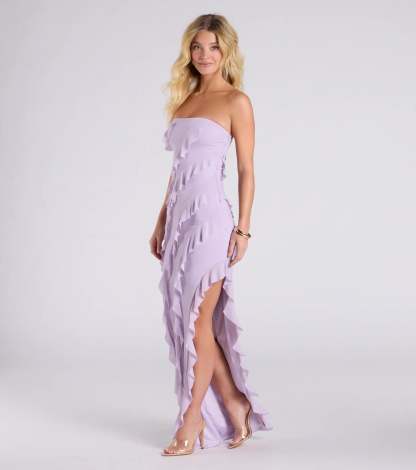 Feel ready for every dance floor moment or feed-worthy reel in the Gabby Formal Mesh Strapless Ruffle Long Dress, a lavender homecoming dress designed to own your moment.