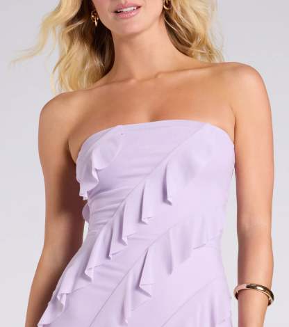 Make a bold statement in the Gabby Formal Mesh Strapless Ruffle Long Dress in lavender, the perfect dress for Prom 2026, formal wedding guest attire, or military ball.
