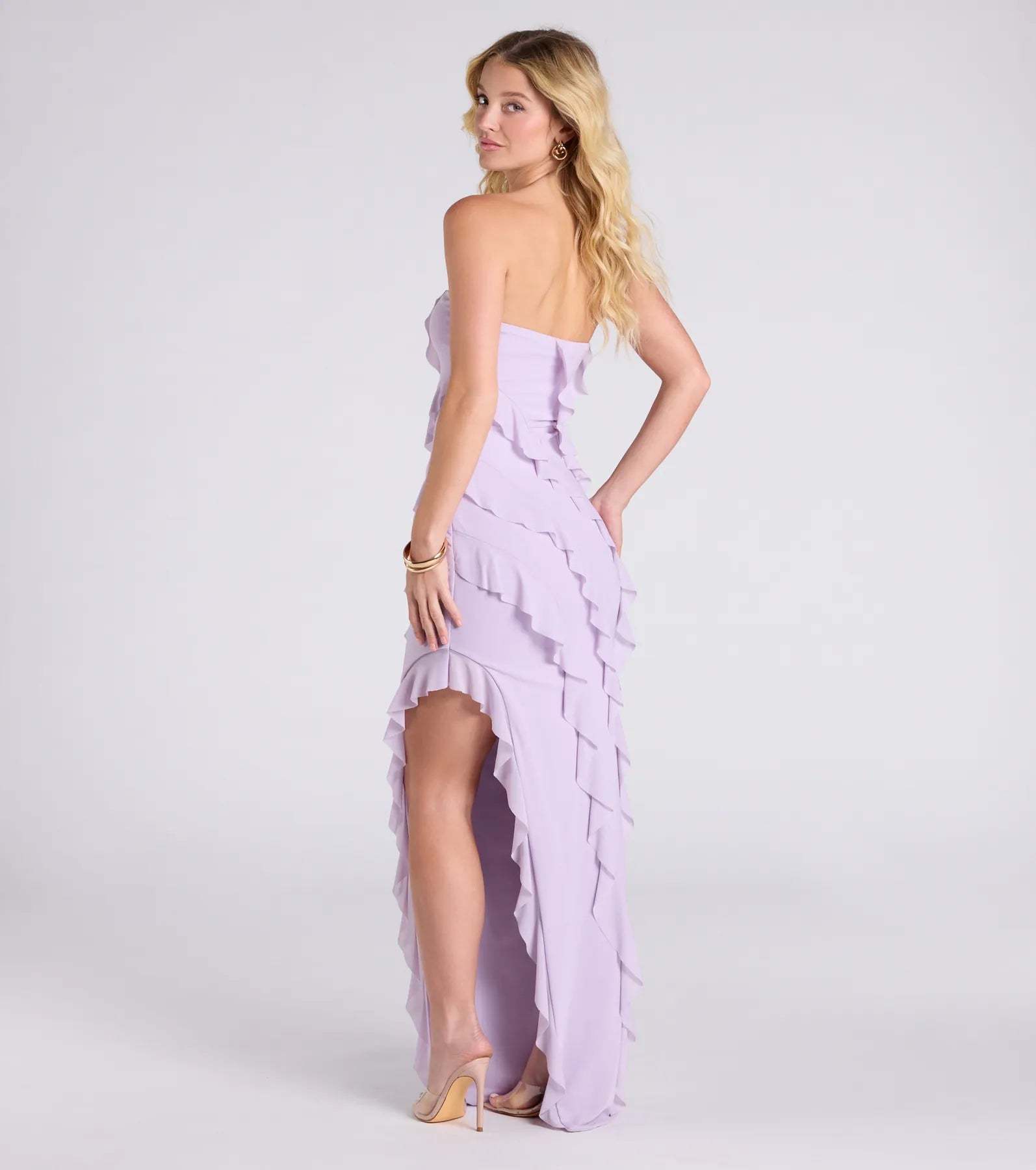 Gabby Formal Mesh Strapless Ruffle Long Dress in lavender, a stunning maid-of-honor dress with a flattering fit and romantic details, perfect for autumn wedding themes.