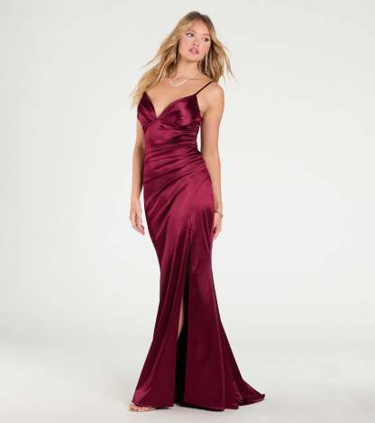 Feel polished and confident in the Jordyn Formal Satin Mermaid Dress With Train, a wine prom dress designed with luxe fabric and modern detail that shows off your vibe.
