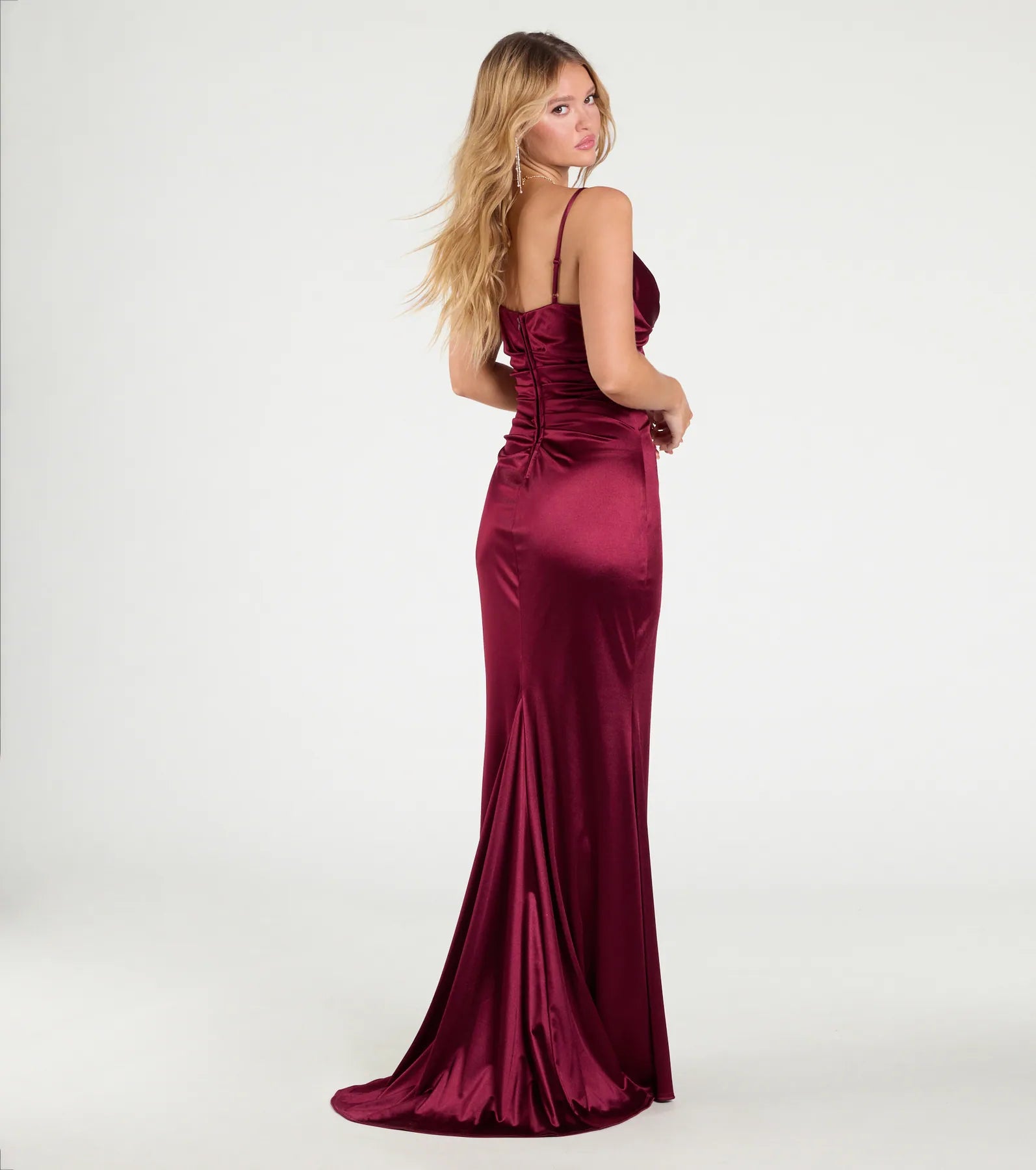 Make a statement in the Jordyn Formal Satin Mermaid Dress With Train in wine, a bold red prom dress designed to exude confidence, elegance, and a striking prom-night look.