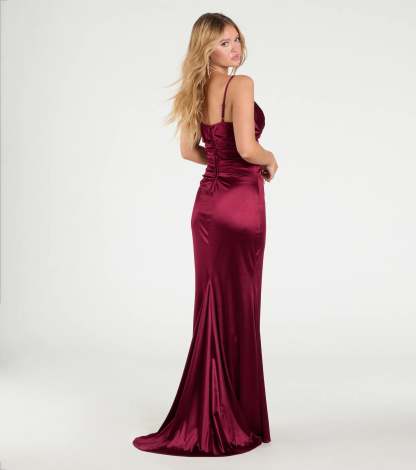 Make a statement in the Jordyn Formal Satin Mermaid Dress With Train in wine, a bold red prom dress designed to exude confidence, elegance, and a striking prom-night look.