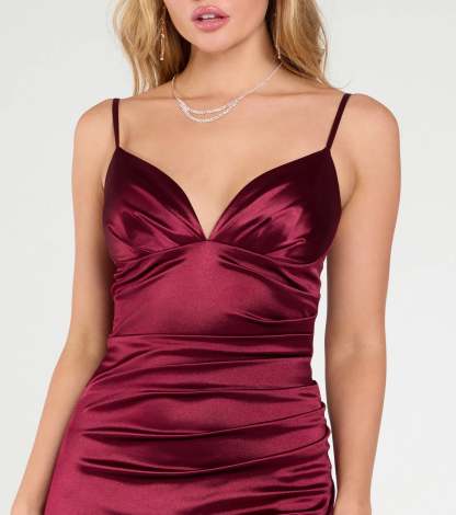 The Jordyn Formal Satin Mermaid Dress With Train in luxe wine fabric, a stunning prom dress with statement details designed to make a bold impression at Prom 2026.