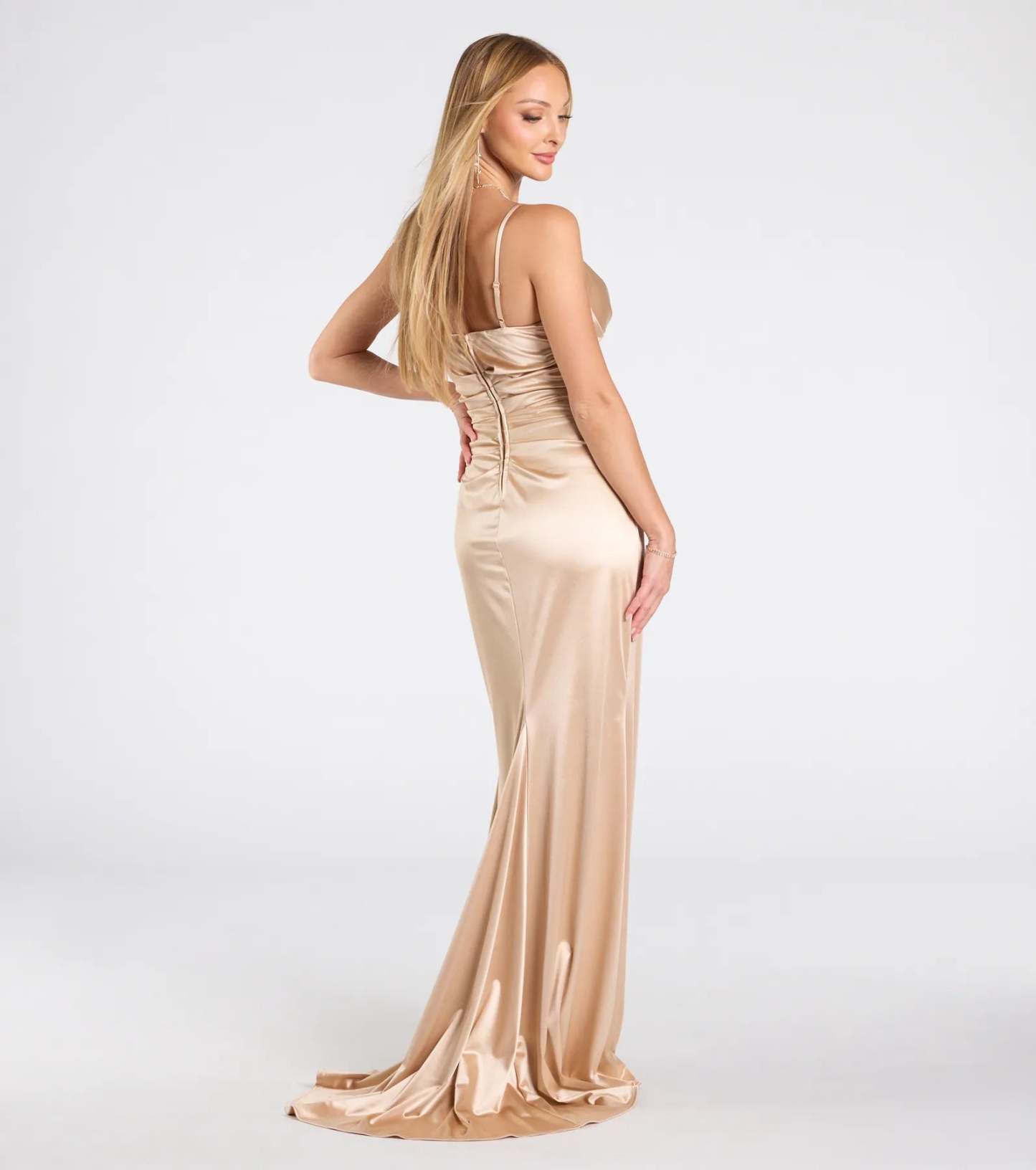 The Jordyn Formal Satin Mermaid Dress With Train in luxe gold fabric, a stunning prom dress with statement details designed to make a bold impression at Prom 2026.