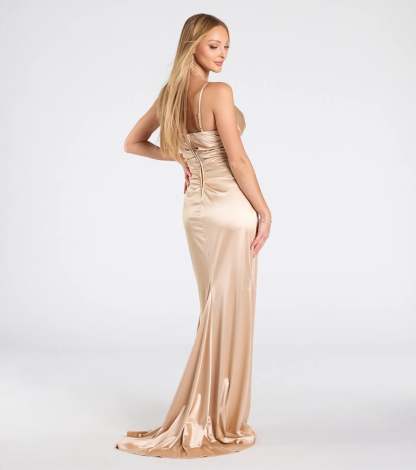 The Jordyn Formal Satin Mermaid Dress With Train in luxe gold fabric, a stunning prom dress with statement details designed to make a bold impression at Prom 2026.