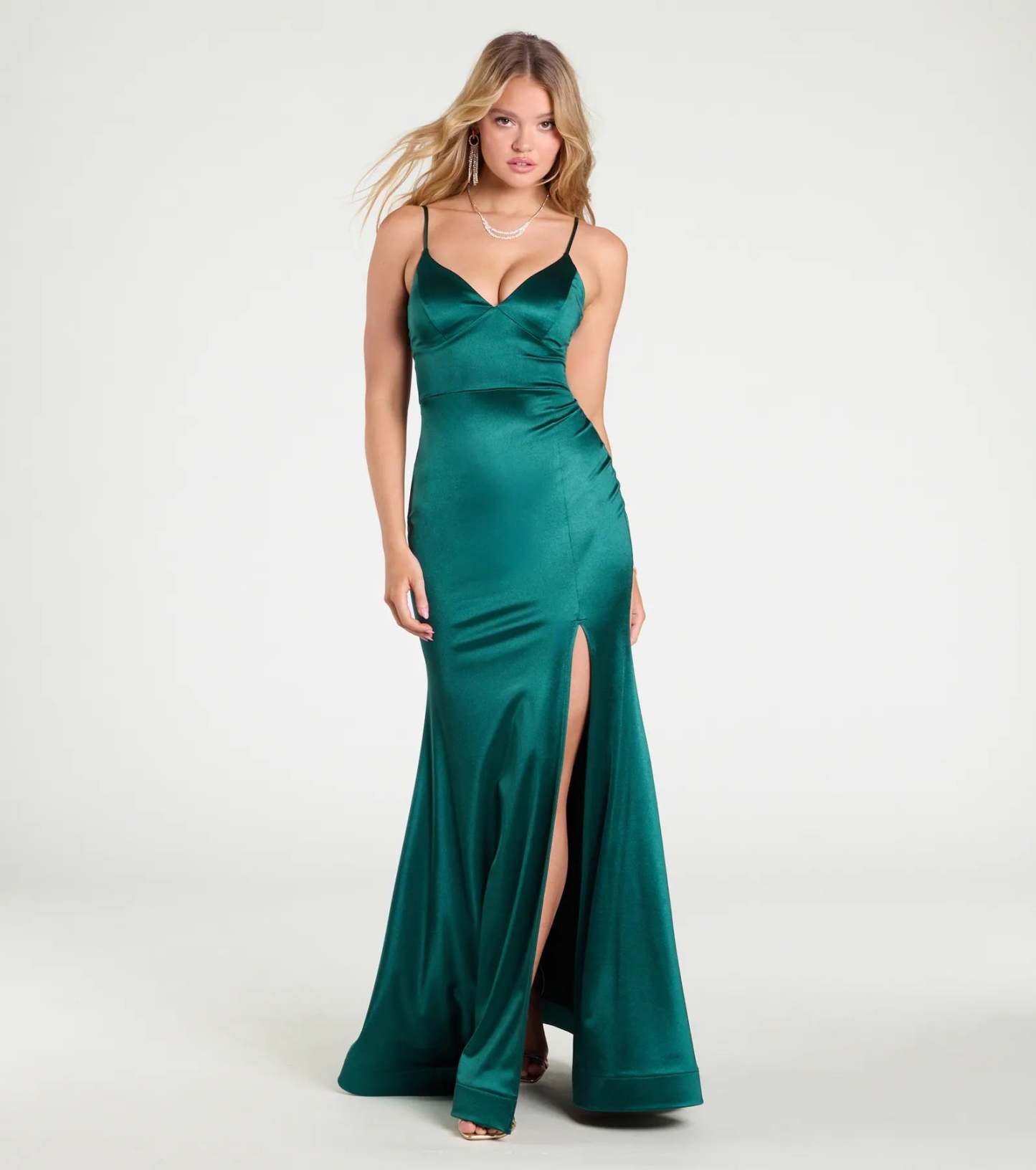 The Amy Mermaid Slit Satin Formal Dress in luxe hunter green fabric, a stunning prom dress with statement details designed to make a bold impression at Prom 2026.