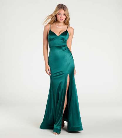The Amy Mermaid Slit Satin Formal Dress in luxe hunter green fabric, a stunning prom dress with statement details designed to make a bold impression at Prom 2026.