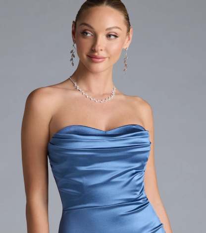 Own the spotlight in the Priscilla Formal Satin Strapless Mermaid Dress, a denim blue formal dress crafted to deliver luxe style for Prom 2026, military balls, or any special event.