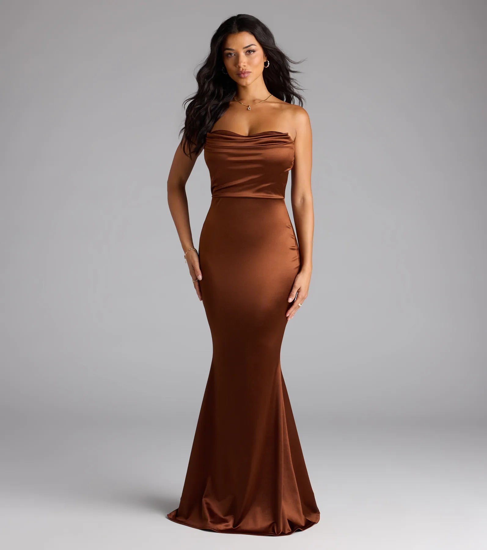 Feel polished and confident in the Priscilla Formal Satin Strapless Mermaid Dress, a brown prom dress designed with luxe fabric and modern detail that shows off your vibe.