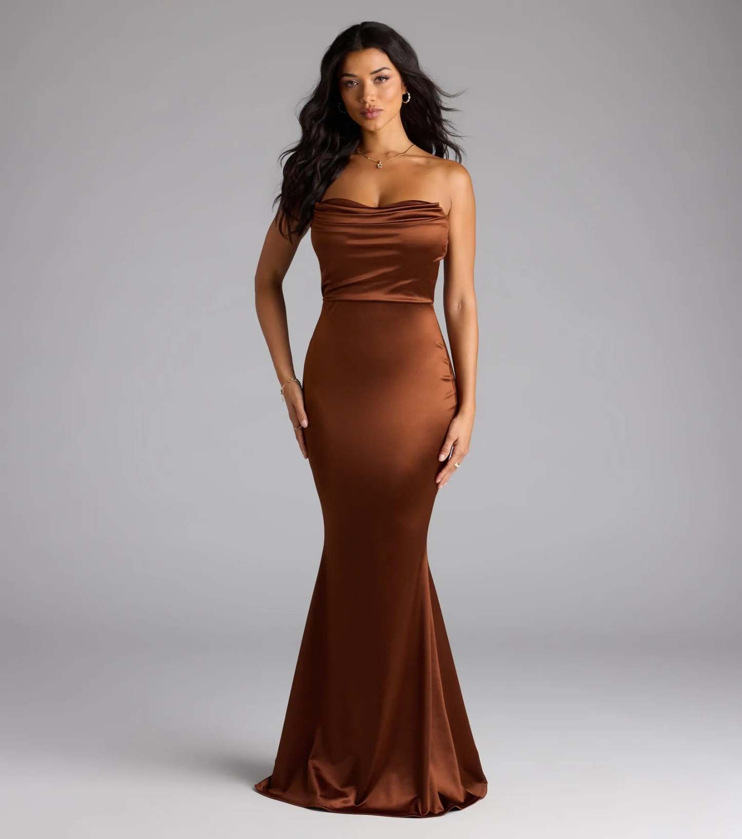 Feel polished and confident in the Priscilla Formal Satin Strapless Mermaid Dress, a brown prom dress designed with luxe fabric and modern detail that shows off your vibe.