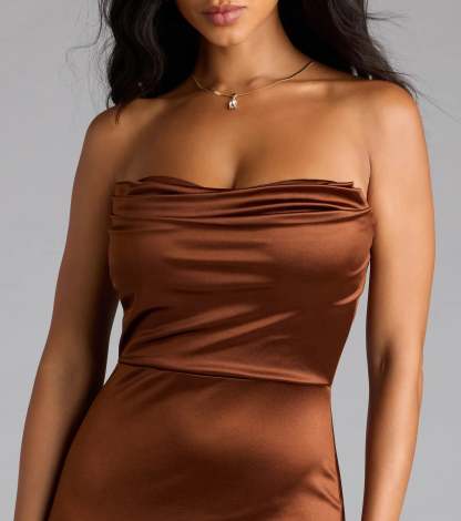 Style your Prom 2026 with the Priscilla Formal Satin Strapless Mermaid Dress, a trendy brown formal dress designed with new and unqiue details for your milestone moment.