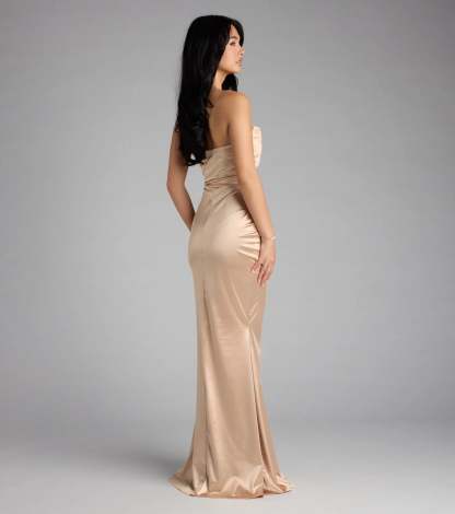 The Priscilla Formal Satin Strapless Mermaid Dress is a taupe prom dress that blends trend-forward design with a flattering fit, perfect for celebrating your night with confidence.