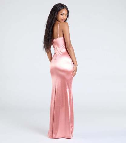 Make a bold statement in the Jackie Floral Sequin Trim Satin Formal Dress in rose, the perfect formal dress for weddings, Prom 2026, and/or special celebrations.