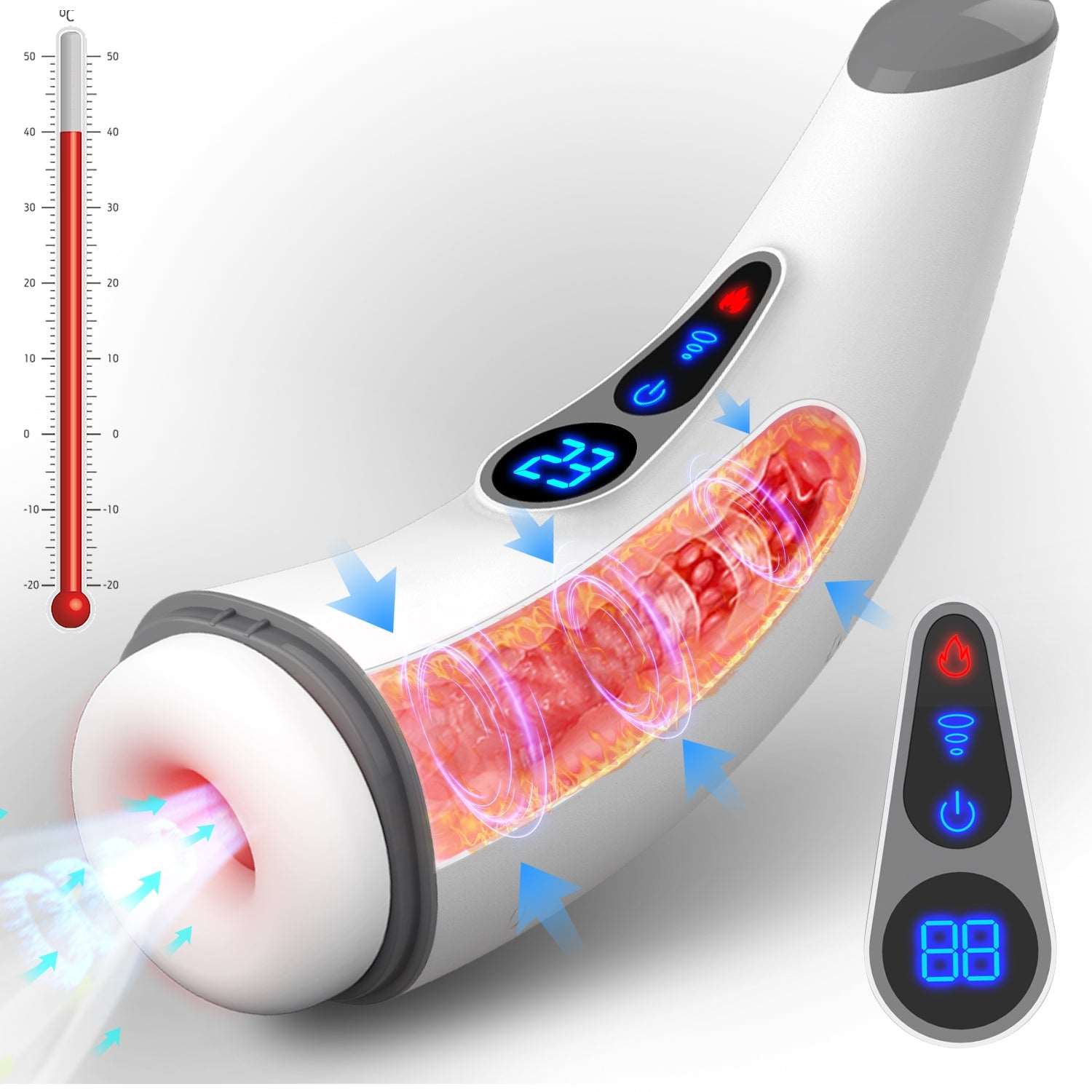 Male masturbator with LCD display showing suction and vibration settings