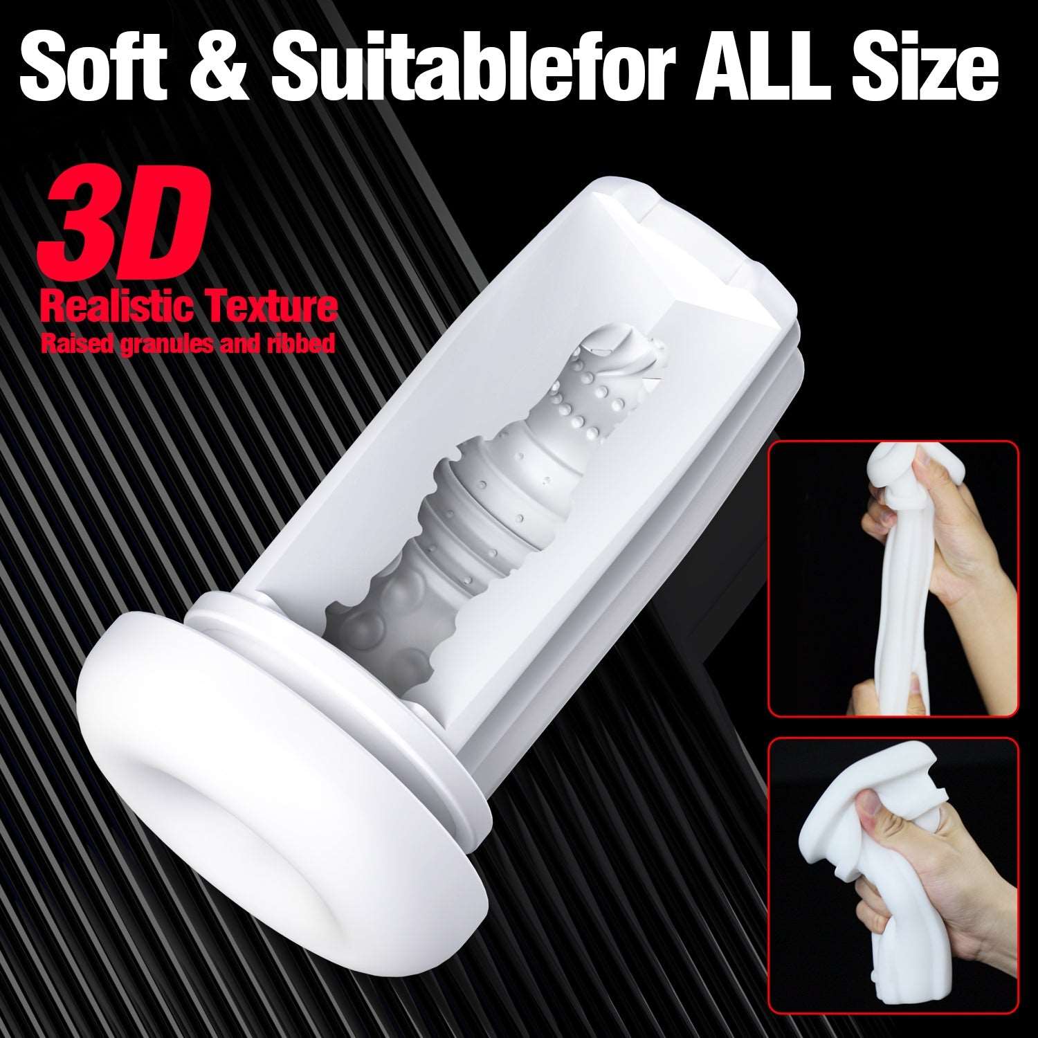 Side view of sound-enabled male pleasure product with ergonomic design