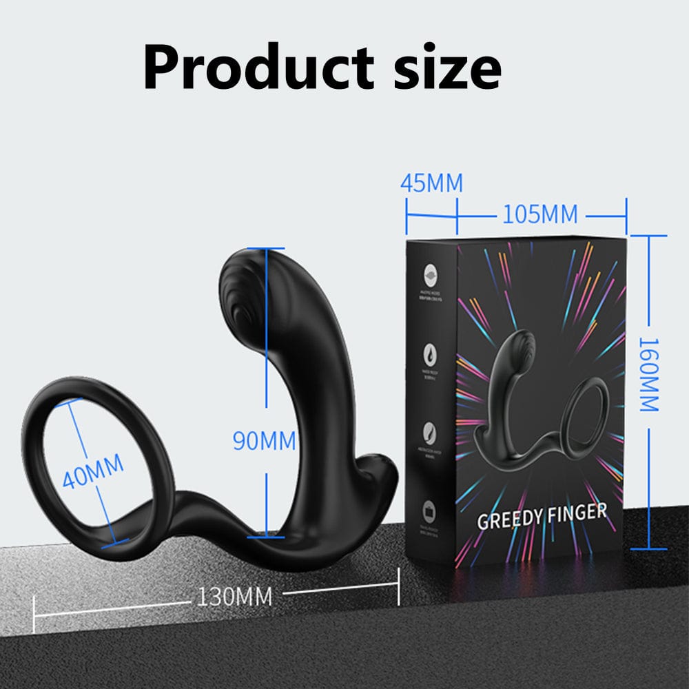 Prostate massager with cock ring showing remote control