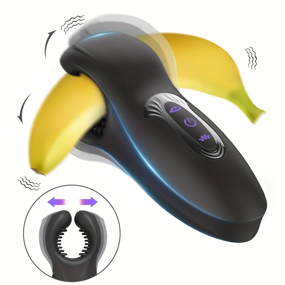 Dual-head male vibrator showing plier-style design and silicone texture