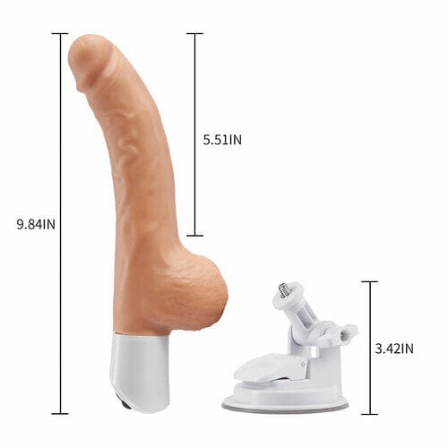 Package contents including dildo, suction cup, remote, charging cable, and manual