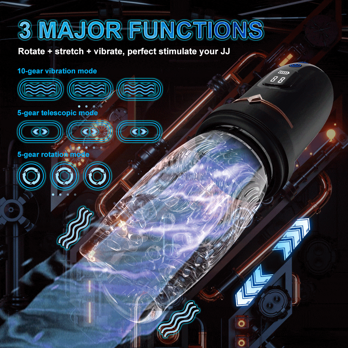 Male pleasure device showing 5 retractable modes and 10 vibration settings