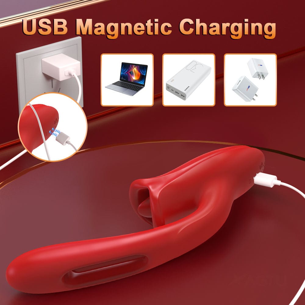 Red rose vibrator showing realistic silicone lips and tongue design