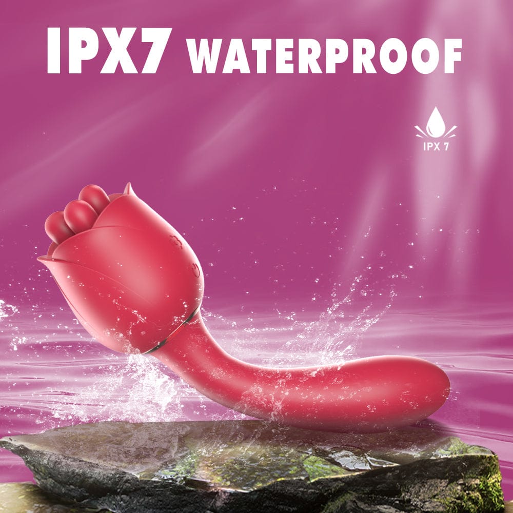 Waterproof vibrator shown in bathroom setting highlighting IPX7 rating