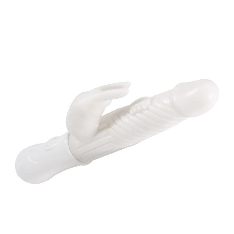 Close-up of vibrator showing textured beads and clitoral stimulator