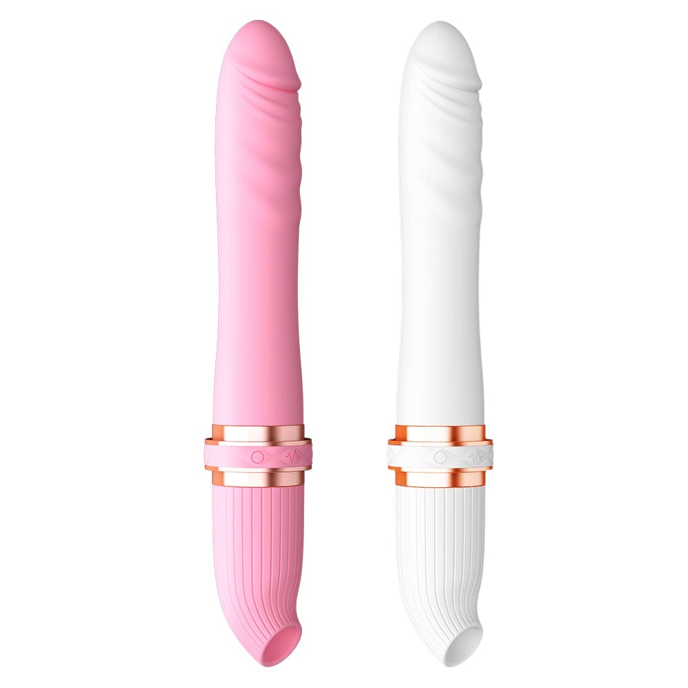 Telescoping vibrator showing extended length and silicone texture