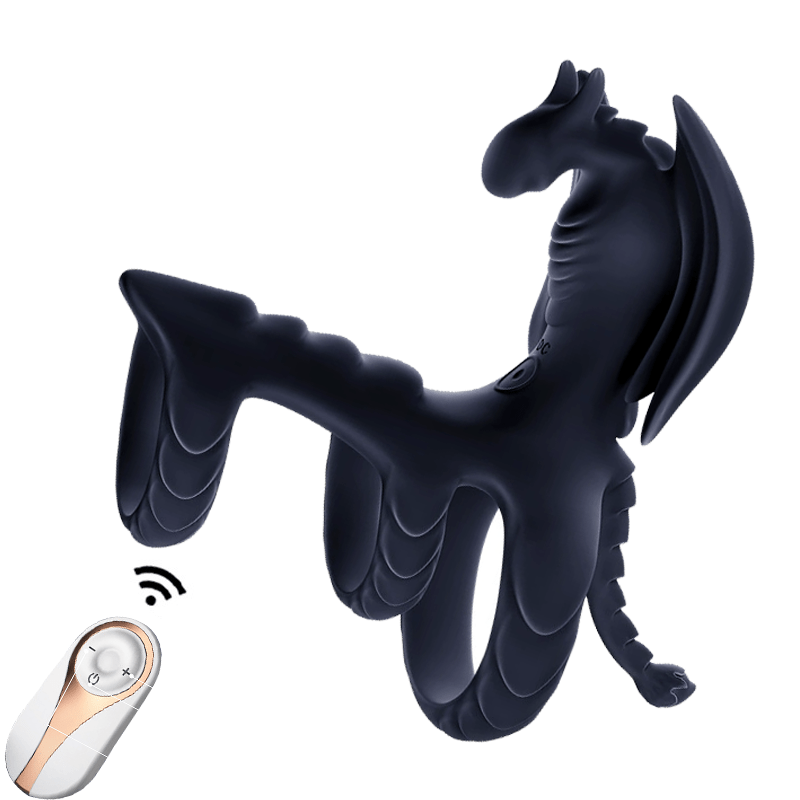 Dragon-shaped vibrating cock ring showing ergonomic design and remote control