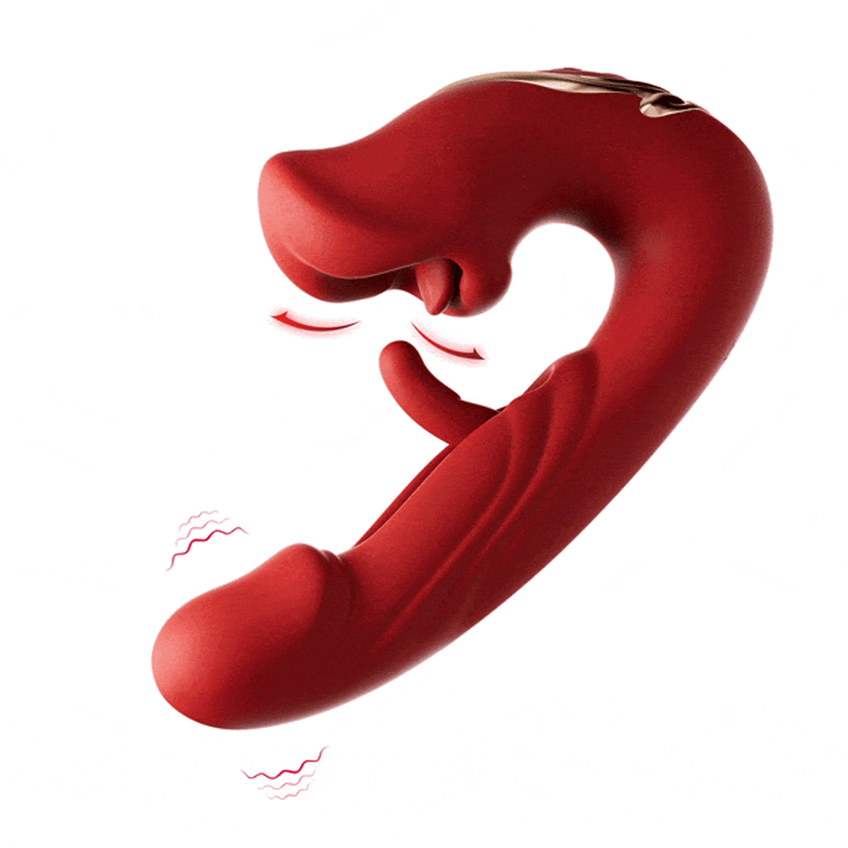 Rose Muncher vibrator showing dual-stimulation design with textured shaft and mouth-shaped clitoral stimulator