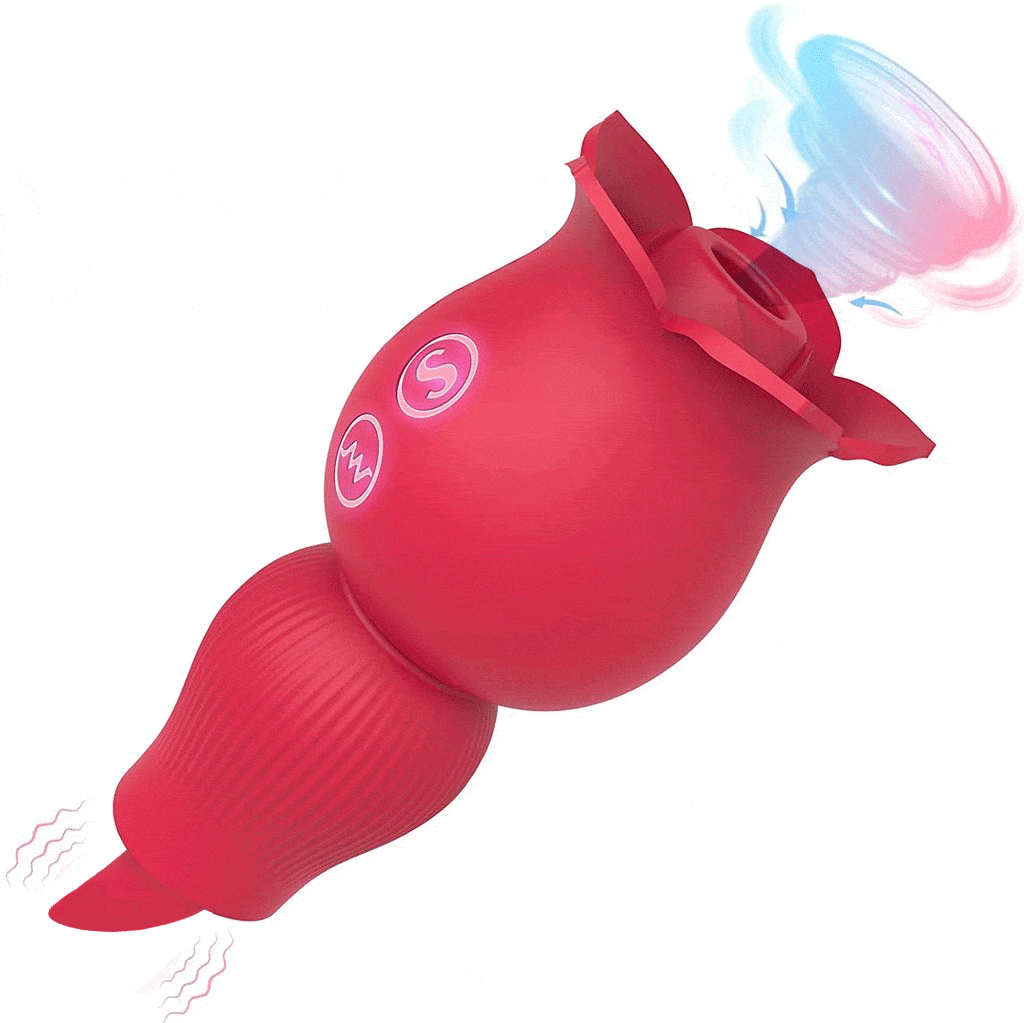 Rose-shaped clitoral vibrator with suction and tongue features on white background