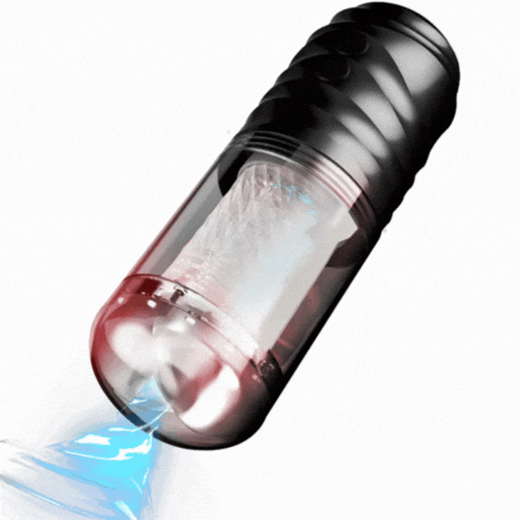 Rotating suction male masturbator showing silicone sleeve texture