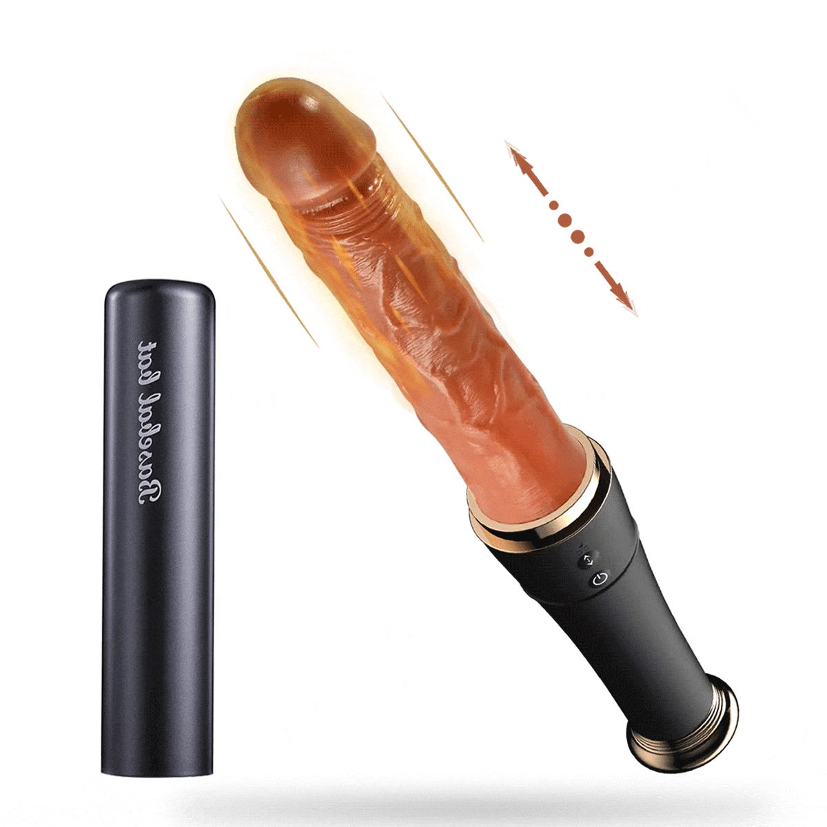 Automatic telescopic dildo showing tongue-licking tip and baseball-shaped handle