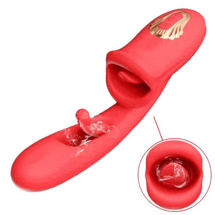 Red rose vibrator showing realistic silicone lips and tongue design