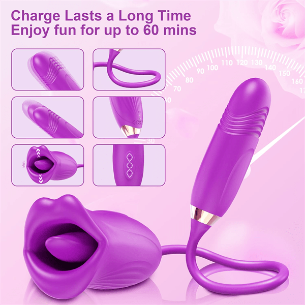 intimilife - Rose Muncher Rose Kiss Tongue Vibrator With Thrusting Dildo Vibrator-IntimiLife