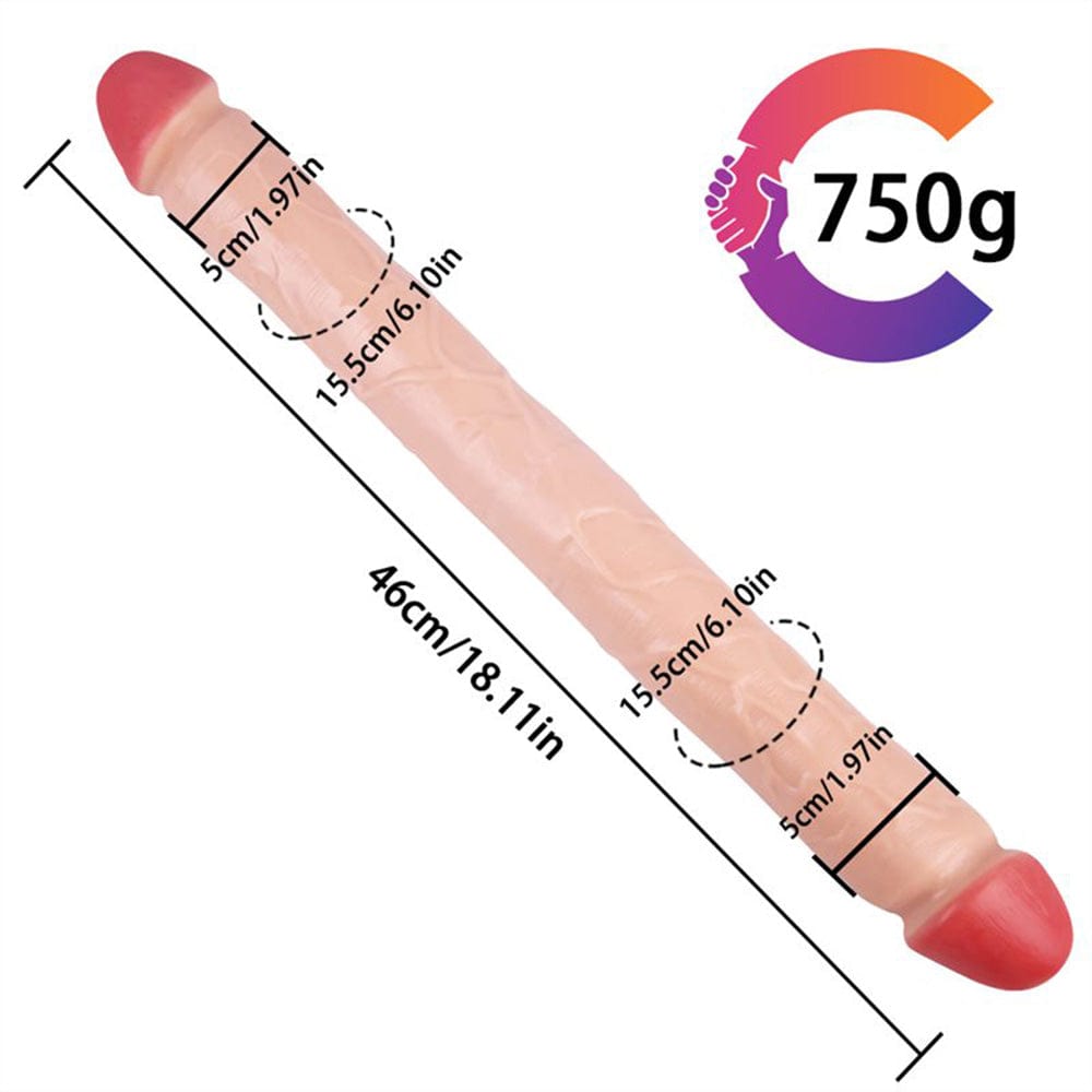 Dildo displayed with measurement showing 18.11-inch length