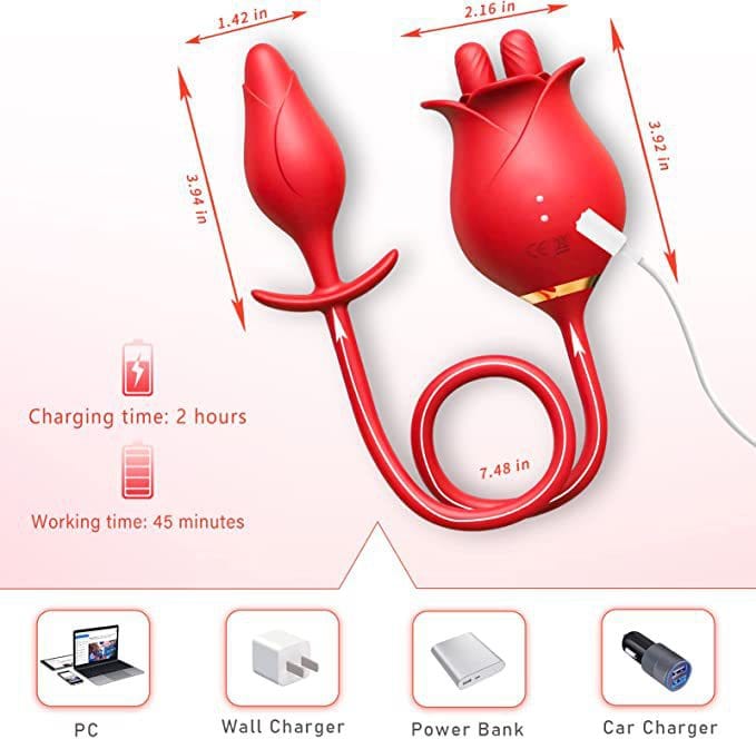 Close-up of rose clitoral stimulator with tongue licking technology