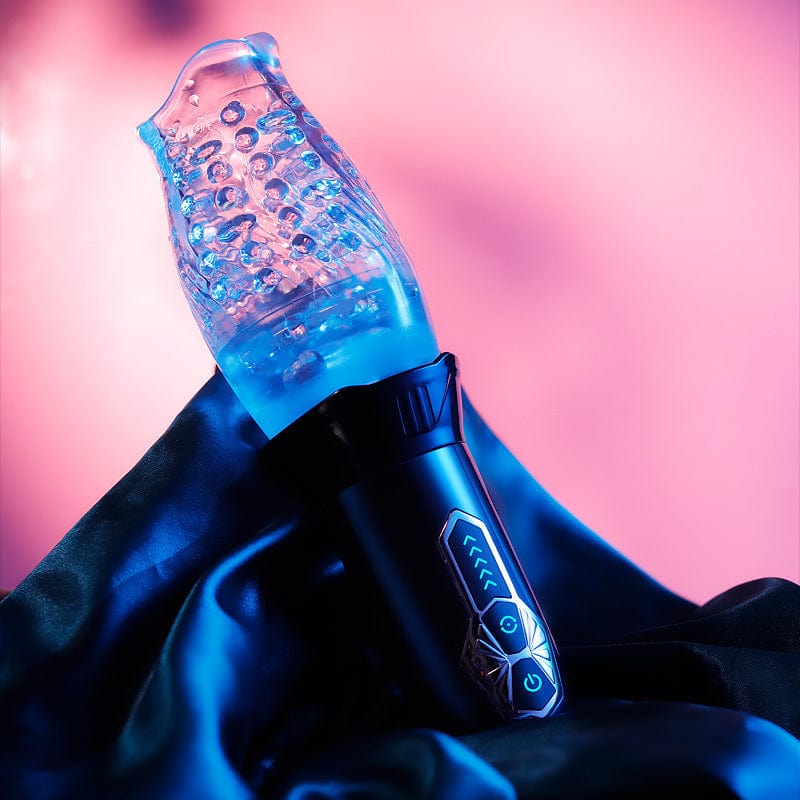 Transparent rotating masturbator showing internal texture design