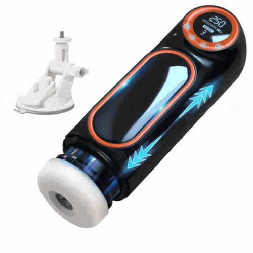 Automatic men's masturbator showing sleek black and orange design
