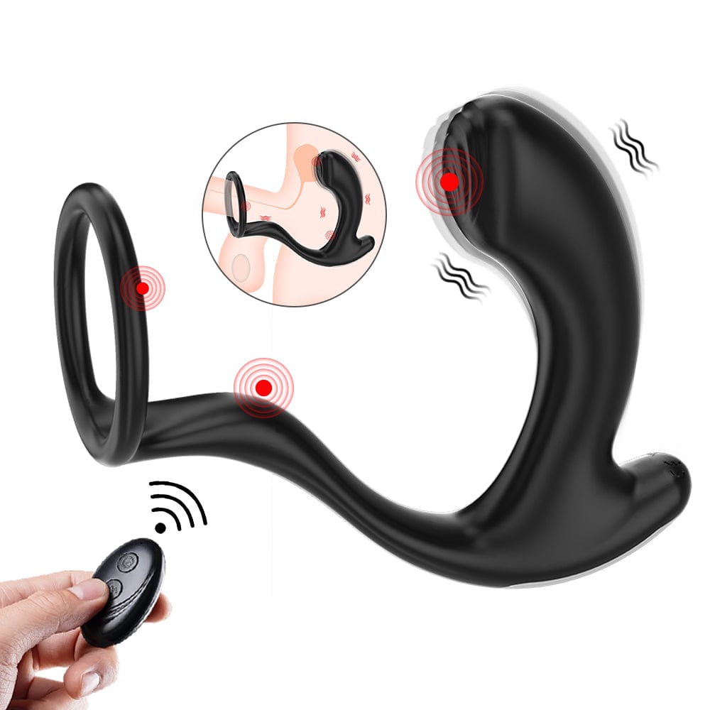 Prostate massager with cock ring showing remote control