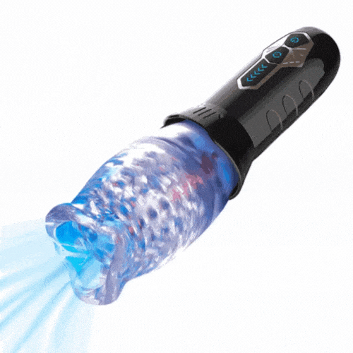 Transparent rotating masturbator showing internal texture design