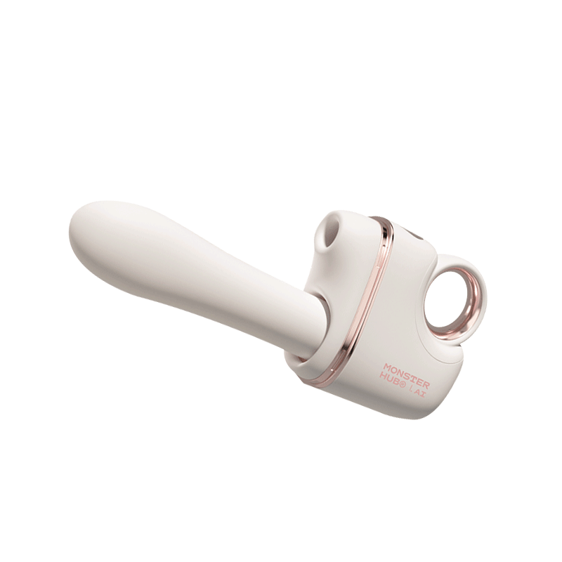 Triple-action suction vibrator showing all components including silicone heads