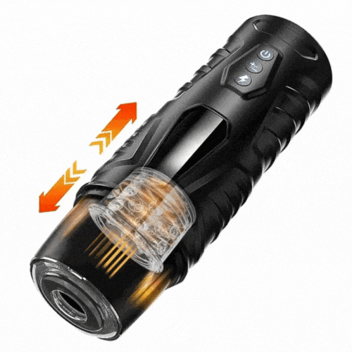 Automatic male masturbator showing sleek black design and control buttons