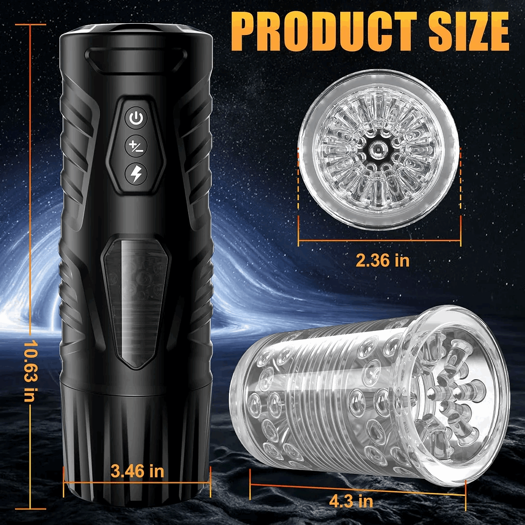 Automatic male masturbator showing sleek black design and control buttons