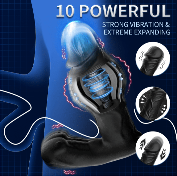 Dual motor prostate massager showing thrusting mechanism in detail