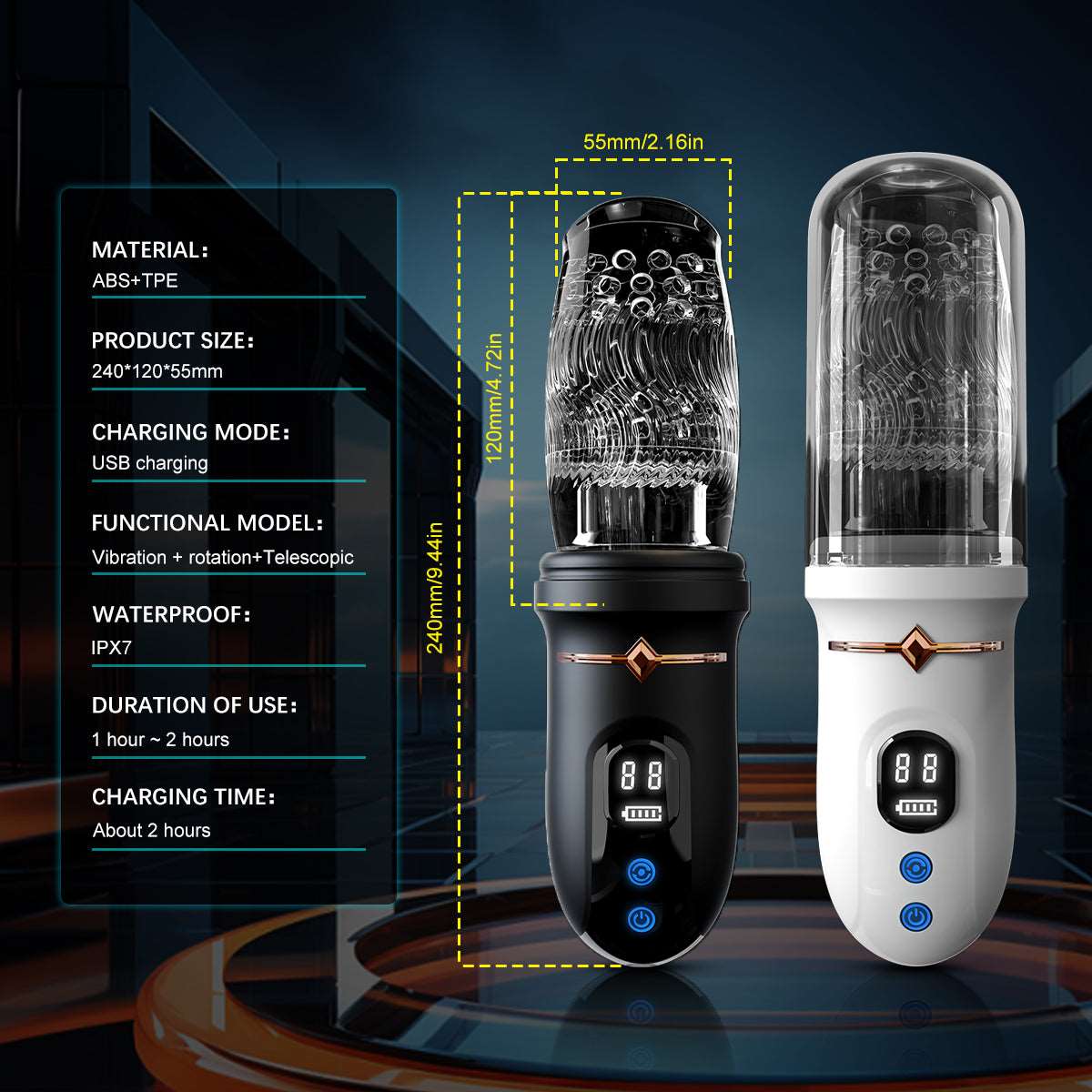 Compact thrusting rotating vibrating penis stroker with LED display