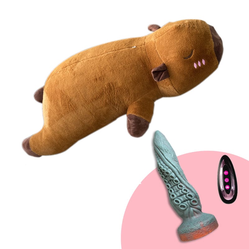 Remote-controlled plush dildo machine with multiple attachments on display