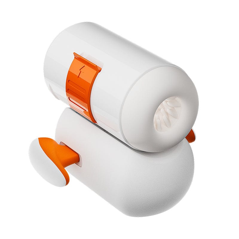 Male pleasure device showing telescopic movement and vibration controls